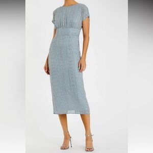 Mac Duggal Blue beaded cap sleeve empire waist sheath midi dress